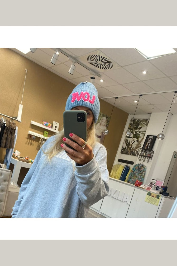 Mütze Zwillingsherz Großstrick ’LOVE’ blau - Mütze