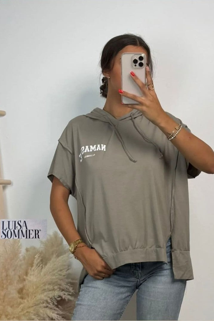 Namaste Shirt mit Kapuze kurzarm - Taupe Grau - shirt